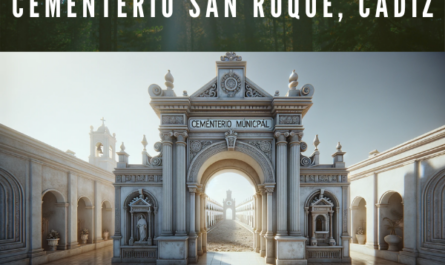 Imagen hiperrealista y amplia del Cementerio Municipal San Miguel de San Roque, Cádiz, inspirada en la imagen facilitada. La composición debe presentar una entrada con el clásico arco blanco y la inscripción "CEMENTERIO MUNICIPAL" en la parte superior. Junto a la entrada, incluya un templete ornamental o elemento mural que realce el carácter tradicional e histórico del lugar. El entorno debe comunicar el carácter solemne y apacible del cementerio, con cielos despejados y un ambiente tranquilo, característico de la región andaluza. https://www.cementerio.info/