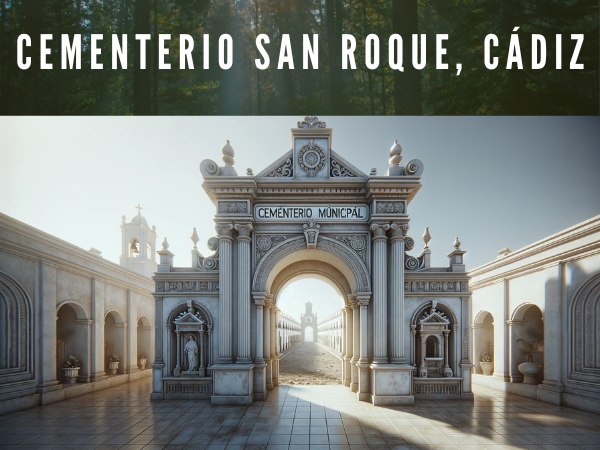 Imagen hiperrealista y amplia del Cementerio Municipal San Miguel de San Roque, Cádiz, inspirada en la imagen facilitada. La composición debe presentar una entrada con el clásico arco blanco y la inscripción "CEMENTERIO MUNICIPAL" en la parte superior. Junto a la entrada, incluya un templete ornamental o elemento mural que realce el carácter tradicional e histórico del lugar. El entorno debe comunicar el carácter solemne y apacible del cementerio, con cielos despejados y un ambiente tranquilo, característico de la región andaluza. https://www.cementerio.info/