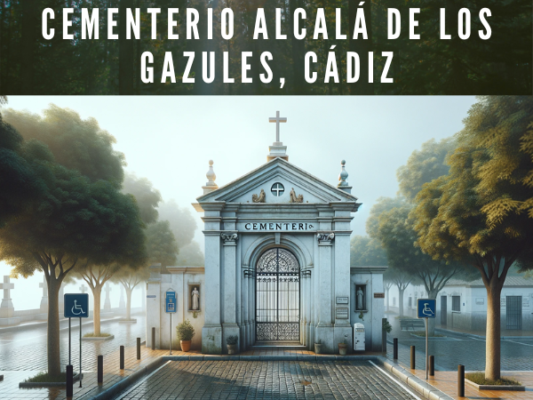 Imagen horizontal hiperrealista de la entrada de un edificio ficticio con una estética similar a la fotografía del Cementerio Municipal de Alcalá de los Gazules en Cádiz. La escena debe representar una sencilla y humilde fachada blanca con la palabra "CEMENTERIO" visible en la parte superior. Una cruz cristiana debe colocarse en el punto más alto de la entrada, que presenta un pequeño portal con una puerta metálica y algunos elementos decorativos. A la izquierda del portal, debe haber un cartel que indique "Cementerio", junto con otras señales. A la derecha de la entrada, incluye una ventana con rejas de protección. Debe haber árboles que den sombra, sugiriendo un ambiente tranquilo y conexión con la naturaleza. El suelo debe mostrar un camino empedrado y plazas de aparcamiento marcadas en azul, probablemente reservadas para personas con discapacidad. Capta la imagen como si fuera un día nublado o brumoso, dando a la luz una calidad suave y difusa. https://www.cementerio.info/