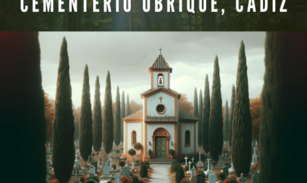 Imagen amplia de una pequeña iglesia tradicional en el entorno de un cementerio, parecida a la de Ubrique. La iglesia debe tener una fachada sencilla con una combinación de colores blanco y terracota y un modesto campanario. Está rodeada de cipreses altos y oscuros y de un paisaje verde indicativo de un entorno mediterráneo. El cielo está nublado, lo que contribuye a crear la atmósfera de un cementerio sereno y tranquilo. Debe haber un camino claro que conduzca a la iglesia, y la imagen debe evocar una sensación de tranquilidad y reflexión, característica de un cementerio de pueblo del sur de España. https://www.cementerio.info/