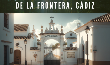 Cementerio Parroquial de la Iglesia de San Miguel en Vejer de la Frontera. La entrada tiene un muro blanco con una sencilla y elegante verja negra y un letrero en el que se lee "Centro Parroquial San Miguel". Hay elementos arquitectónicos tradicionales españoles, como tejas de terracota en un edificio del fondo, y una farola clásica cerca de la entrada. La escena presenta un cielo despejado con algunas nubes, lo que sugiere un día tranquilo y luminoso. Incluye detalles típicos andaluces, como paredes encaladas y el símbolo de una cruz, para indicar el significado religioso del lugar. El ambiente es tranquilo y refleja el patrimonio cultural de la zona. https://www.cementerio.info/