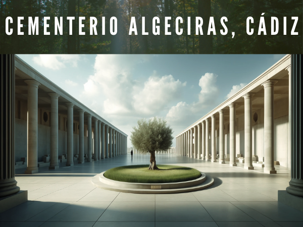 Imagen horizontal hiperrealista del patio central de un cementerio, con elementos de diseño que recuerdan al Parque Cementerio Botafuegos de Algeciras, Cádiz. La escena debe presentar una gran plaza de hormigón como zona central. Un olivo debería estar en el centro, simbolizando la paz, dentro de una pequeña zona de césped verde. Rodeando el patio, incluya pórticos con columnas en un color claro, con tejados planos para transmitir una arquitectura moderna y minimalista. El cielo debe estar despejado con nubes dispersas, sugiriendo el amanecer o el atardecer. El espacio debe tener un aire abierto y sereno, con una figura caminando o de pie a lo lejos, que aporte un elemento humano a la escena. https://www.cementerio.info/