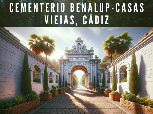 Imagen horizontal hiperrealista inspirada en la entrada al Cementerio de Benalup-Casas Viejas de Cádiz. La imagen está, mostrando la entrada con jardineras de ladrillo a ambos lados llenas de exuberante vegetación. Las paredes deben ser blancas, con un arco que dé la bienvenida al cementerio y un cielo despejado en lo alto, que sugiera una atmósfera serena y bien cuidada. Destaque el juego de luces y sombras en la fachada para transmitir la sensación del clima cálido de la región.topography.https://www.cementerio.info/