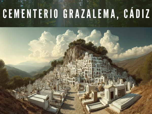 Imagen horizontal hiperrealista inspirada en el Cementerio de Grazalema, Cádiz. El cementerio debe retratarse con su característica forma casi ovalada, aunque irregular, acunado por el paisaje montañoso y de vegetación típico de la región. Destaque el valor paisajístico del lugar, con sus muros de mampostería encalados rodeando la zona. En el interior, muestre las secciones contrastadas del cementerio: la sección más antigua, con nichos irregulares y más altos hechos de ladrillo de barro, cal y arena cerca de la entrada, frente a la sección más nueva, con nichos de ladrillo más cortos y ordenados. El suelo debe estar pavimentado con piedras autóctonas de la región, integrándose armoniosamente con la topografía.https://www.cementerio.info/