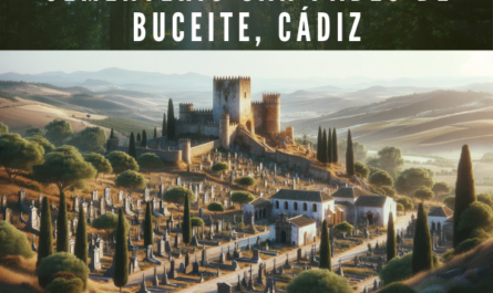 Crear una imagen horizontal hiperrealista del cementerio San Pablo de Buceite, Cádiz. La imagen debe representar un amplio paisaje con el cementerio al fondo y un antiguo castillo en primer plano. La escena debe tener como telón de fondo las colinas onduladas y la exuberante campiña típica de la región. La arquitectura debe reflejar el encanto histórico y rústico del sur de España, con muros encalados, piedras desgastadas y ruinas de castillos. Los árboles y la vegetación deben estar diseminados por todo el paisaje, dando una sensación de belleza natural y profundidad histórica. https://www.cementerio.info/