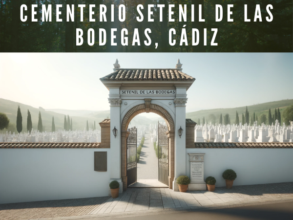 Imagen amplia hiperrealista del Cementerio de Setenil de las Bodegas, en Cádiz, que capta una esencia similar a la de la imagen proporcionada. La escena incluye una pared blanca con una entrada tradicional andaluza, con una sencilla pero elegante puerta metálica bajo un arco. La puerta está flanqueada por pilares de ladrillo, y hay un cartel o señal conmemorativa en la pared adyacente. El entorno transmite una atmósfera de paz típica de la región, con cielos despejados y exuberante vegetación de fondo, reflejo de la tranquilidad y la belleza de la campiña del sur de España. https://www.cementerio.info/