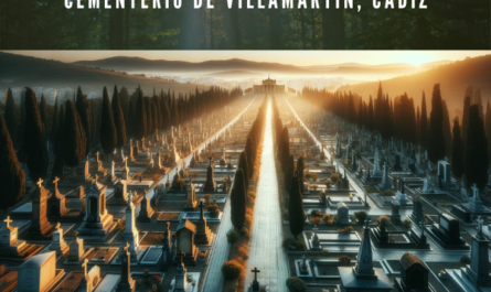 Una imagen hiperrealista y horizontal del Cementerio de Villamartín en Cádiz, mostrando una perspectiva menos bucólica y con menos oscuridad. La imagen debe capturar la esencia del cementerio con claridad y nitidez bajo una luz más neutra, preferiblemente en un momento del día con iluminación natural pero sin el romanticismo del atardecer. Las tumbas y monumentos se ven detallados y bien mantenidos, destacando la arquitectura única del lugar. Se enfatiza en la organización y limpieza del cementerio, sin árboles que proyecten sombras profundas, creando una atmósfera de respeto y memoria sin caer en lo melancólico. https://www.cementerio.info/