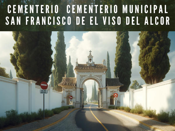 Imagen fotorrealista que representa la entrada al Cementerio Municipal de San Francisco en El Viso del Alcor, Sevilla, en un estilo similar al de la fotografía. La escena incluye un camino serpenteante que conduce a una entrada con arco ornamentado enmarcada por una pequeña estructura a dos aguas. La entrada está flanqueada por muros blancos inmaculados, con dos señales de "prohibido el paso" que sugieren un acceso restringido. A la izquierda hay árboles maduros y altos, mientras que a la derecha hay árboles más pequeños y vegetación baja. El cielo está parcialmente nublado, lo que transmite una atmósfera tranquila y reflexiva típica de los cementerios tradicionales de la región. Esta entrada refleja la serena dignidad que corresponde a un lugar de recuerdo. https://www.cementerio.info/