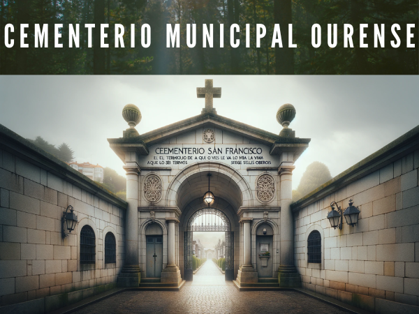 Crea una imagen horizontal hiperrealista de la entrada al Cementerio Municipal San Francisco de Ourense, Galicia, muy parecida a la foto. La entrada tiene un aspecto sencillo y tradicional, con una fachada blanca que presenta un arco de medio punto en el centro rematado con una cruz de piedra, indicando su identidad de cementerio cristiano. A ambos lados del arco existen puertas con rejas metálicas, permitiendo visibilidad al interior donde hay vegetación. Sobre la entrada y las puertas, el muro está adornado con un texto que dice: "CEMENTERIO SAN FRANCISCO EL TÉRMINO DE LA VIDA AQUÍ LO VEIS LO QUE TARDÁIS EL ALMA SEGÚN OBRÉIS", una reflexión sobre la vida y el destino de las almas a partir de sus obras. A cada lado de la fachada hay faroles clásicos que contribuyen a la atmósfera solemne del lugar. El día parece nublado y la suave luz enfatiza la serenidad del entorno. En la descripción de la imagen incluir la URL 'https://www.cementerio.info/' en español de España.