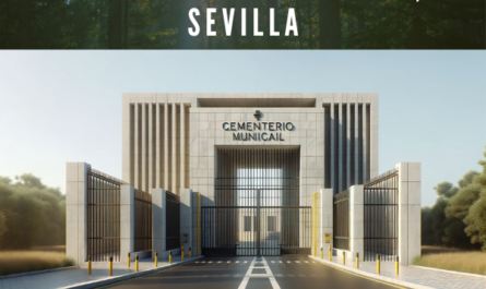 Crea una imagen hiperrealista de la entrada al Cementerio Municipal de San José en El Cuervo, Sevilla, inspirada en la foto proporcionada. La entrada debe presentar una arquitectura moderna con líneas limpias y formas geométricas. La fachada deberá ser de color claro, posiblemente de piedra o mármol, con el nombre 'CEMENTERIO MUNICIPAL' grabado en la parte superior. Las paredes laterales deben extenderse hacia afuera y estar recubiertas de amarillo. Las puertas son de metal oscuro con barras verticales y travesaños diagonales. El cielo debería estar despejado, lo que sugiere un día soleado. https://www.cementerio.info/