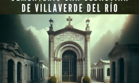 Crea una imagen horizontal hiperrealista de la entrada al Cementerio Municipal San Sebastián de Villaverde del Río, Sevilla, muy parecida a la foto. La entrada tiene un aspecto sencillo y tradicional, con una fachada blanca que presenta un arco de medio punto en el centro rematado con una cruz de piedra, indicando su identidad de cementerio cristiano. A ambos lados del arco existen puertas con rejas metálicas, permitiendo visibilidad al interior donde hay vegetación. Sobre la entrada y las puertas, el muro está adornado con un texto que dice: "CEMENTERIO SAN FRANCISCO EL TÉRMINO DE LA VIDA AQUÍ LO VEIS LO QUE TARDÁIS EL ALMA SEGÚN OBRÉIS", una reflexión sobre la vida y el destino de las almas a partir de sus obras. A cada lado de la fachada hay faroles clásicos que contribuyen a la atmósfera solemne del lugar. El día parece nublado y la suave luz enfatiza la serenidad del entorno. En la descripción de la imagen incluir la URL 'https://www.cementerio.info/' en español de España.