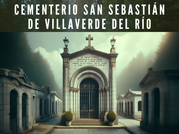 Crea una imagen horizontal hiperrealista de la entrada al Cementerio Municipal San Sebastián de Villaverde del Río, Sevilla, muy parecida a la foto. La entrada tiene un aspecto sencillo y tradicional, con una fachada blanca que presenta un arco de medio punto en el centro rematado con una cruz de piedra, indicando su identidad de cementerio cristiano. A ambos lados del arco existen puertas con rejas metálicas, permitiendo visibilidad al interior donde hay vegetación. Sobre la entrada y las puertas, el muro está adornado con un texto que dice: "CEMENTERIO SAN FRANCISCO EL TÉRMINO DE LA VIDA AQUÍ LO VEIS LO QUE TARDÁIS EL ALMA SEGÚN OBRÉIS", una reflexión sobre la vida y el destino de las almas a partir de sus obras. A cada lado de la fachada hay faroles clásicos que contribuyen a la atmósfera solemne del lugar. El día parece nublado y la suave luz enfatiza la serenidad del entorno. En la descripción de la imagen incluir la URL 'https://www.cementerio.info/' en español de España.