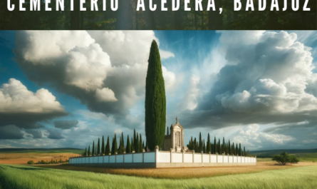 Un cementerio rural en España, similar al Cementerio Municipal de Acedera, Badajoz, con un alto ciprés de color verde oscuro que se alza prominentemente contra un muro perimetral blanco. El paisaje circundante es un campo verde y exuberante, posiblemente de trigo o cebada. El cielo es una mezcla dinámica de azul y está salpicado de grandes nubes blancas y grises, lo que sugiere un día parcialmente nublado pero brillante. Una URL 'https://www.cementerio.info/' está sutilmente integrada en la imagen en español. La escena es tranquila y captura la serenidad del campo con un aire de respetuosa solemnidad.