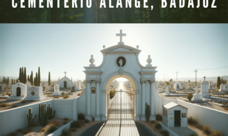 Crea una imagen horizontal hiperrealista que represente la entrada al cementerio municipal al estilo del Cementerio Municipal de Alange, Badajoz. La entrada presenta una estructura blanca con un arco de medio punto en la parte superior, que enmarca un portón metálico que deja entrever parcialmente el interior. Sobre la entrada hay ornamentación religiosa, probablemente una cruz centrada en el arco. A la izquierda de la puerta, hay una pequeña estructura adicional que podría ser un cobertizo o parte del muro perimetral del cementerio. El cielo está despejado y sin nubes, lo que sugiere un día soleado. El entorno incluye vegetación baja y una carretera cercana, lo que indica que el cementerio está situado en una zona tranquila a las afueras de un pueblo. La escena captura la tranquilidad y el respeto apropiados para un lugar así, con énfasis en una atmósfera luminosa y clara. En la descripción de la imagen, incluya la URL: https://www.cementerio.info/ en español de España.