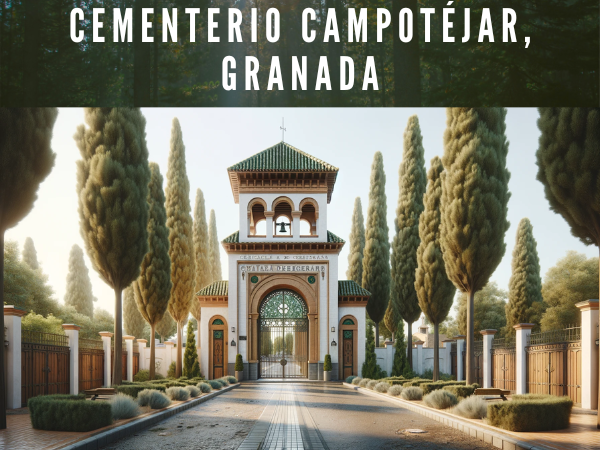 Crea una imagen hiperrealista de la entrada al Cementerio de Campotéjar de Granada, parecida a la foto. La imagen debe incluir una elegante puerta de madera dentro de una tradicional fachada blanca con detalles marrones. Sobre la puerta debería haber un arco decorado con azulejos verdes. Cipreses altos y delgados se elevan a ambos lados de la entrada, enmarcándola de forma natural. A la izquierda se debería incluir un pequeño campanario con una campana vista y en la fachada una pequeña ventana enrejada. Frente al edificio hay un espacio abierto con bancos y árboles, que sugiere un lugar para el descanso y la reflexión. El cielo está despejado y azul, lo que indica un día soleado. La arquitectura, la vegetación y el ambiente tranquilo reflejan la paz y el respeto característicos de un cementerio. https://www.cementerio.info/