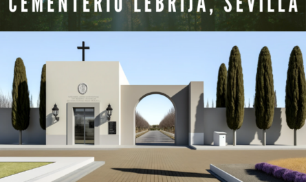 Genera una imagen horizontal hiperrealista de la entrada a un cementerio ficticio con un diseño similar al Cementerio Municipal de San Benito Lebrija en Sevilla. La imagen debe representar un diseño moderno y minimalista con líneas claras y estructuras definidas. A la izquierda, debería haber un edificio con grandes ventanales y una puerta, que podría servir como oficina del cementerio o sala de espera, con el nombre del cementerio visible en un cartel encima de la entrada. Un gran arco con una cruz en la parte superior debería conectar este edificio con otro muro o estructura a la derecha, formando una gran entrada al cementerio. Debe haber dos linternas colgadas a cada lado del arco. El camino pavimentado debería conducir al interior del cementerio, flanqueado por árboles altos y esbeltos. El cielo debe estar despejado y azul, indicando un día soleado. A la izquierda de la entrada, incluye un banco del parque para reflexionar o descansar. El ambiente general debe transmitir tranquilidad y respeto, propio de un lugar dedicado a la memoria y al descanso eterno. https://www.cementerio.info/