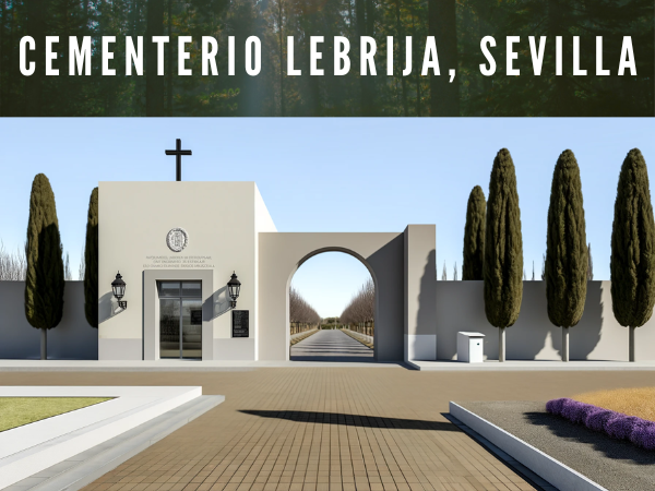 Genera una imagen horizontal hiperrealista de la entrada a un cementerio ficticio con un diseño similar al Cementerio Municipal de San Benito Lebrija en Sevilla. La imagen debe representar un diseño moderno y minimalista con líneas claras y estructuras definidas. A la izquierda, debería haber un edificio con grandes ventanales y una puerta, que podría servir como oficina del cementerio o sala de espera, con el nombre del cementerio visible en un cartel encima de la entrada. Un gran arco con una cruz en la parte superior debería conectar este edificio con otro muro o estructura a la derecha, formando una gran entrada al cementerio. Debe haber dos linternas colgadas a cada lado del arco. El camino pavimentado debería conducir al interior del cementerio, flanqueado por árboles altos y esbeltos. El cielo debe estar despejado y azul, indicando un día soleado. A la izquierda de la entrada, incluye un banco del parque para reflexionar o descansar. El ambiente general debe transmitir tranquilidad y respeto, propio de un lugar dedicado a la memoria y al descanso eterno. https://www.cementerio.info/