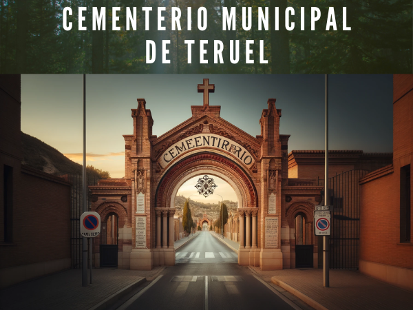 Imagen que representa la entrada al Cementerio Municipal de Teruel en Aragón, con un gran arco de ladrillo y la inscripción 'CEMENTERIO MUNICIPAL' en letras mayúsculas. El arco se remata con una cruz. La entrada combina elementos modernos con un diseño que recuerda al estilo tradicional aragonés. En el lado izquierdo hay un cartel de "Prohibido aparcar" junto con un pequeño cartel que puede contener información sobre el cementerio. El camino pavimentado pasa directamente por el arco, lo que sugiere que es el acceso principal. La imagen está captada durante el crepúsculo, añadiendo un tono cálido a la escena, que resulta pacífica y solemne por la ausencia de personas o vehículos. En la descripción en español (de España), incluir la URL: https://www.cementerio.info/.