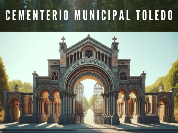 Imagen hiperrealista de la entrada al Cementerio Municipal de Toledo Nuestra Señora del Sagrario, en Castilla-La Mancha. La entrada presenta una serie de arcos de medio punto realizados en ladrillo con detalles en piedra, dándole un aspecto rústico y tradicional. En el centro, un arco de mayor tamaño sirve de puerta principal rematado con un pequeño frontón con una cruz en su cima, indicando el carácter sagrado del lugar. Sobre este arco hay un cartel con el nombre del cementerio en mayúsculas. A ambos lados de la entrada central existen rejas de hierro que permiten la visibilidad del interior, donde se pueden observar árboles y vegetación, agregando una sensación de paz y tranquilidad. El cielo está despejado y azul, lo que sugiere que la foto fue tomada en un día soleado. En la descripción de la imagen incluir la URL 'https://www.cementerio.info/' en español de España.