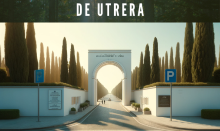 Crea una imagen horizontal hiperrealista de la entrada al Cementerio Municipal de Utrera en Sevilla, muy parecida a la foto proporcionada. La entrada es un sencillo arco rectangular blanco que se eleva sobre un pavimento de adoquines, con un diseño minimalista bordeado por paredes blancas que se extienden a ambos lados. En el interior del arco hay un camino empedrado que conduce al cementerio, flanqueado por altos cipreses, típicos de los cementerios mediterráneos. Se puede ver a algunas personas caminando por el área, lo que indica actividad dentro del cementerio. A la izquierda del arco, hay un pequeño estacionamiento con un letrero azul con una 'P' que indica la disponibilidad de estacionamiento. A la derecha del arco, una placa blanca muestra información relacionada con el cementerio. La escena está iluminada por la luz del sol, con un cielo despejado y algunos árboles al fondo, creando un ambiente tranquilo y ordenado. En la descripción de la imagen, incluya la URL 'https://www.cementerio.info/' en español de España.