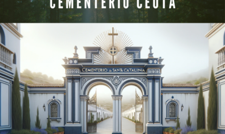 Crea una imagen hiperrealista de la entrada principal del Cementerio de Santa Catalina situado en Ceuta. La entrada presenta un sencillo arco de triunfo pintado de blanco con detalles en azul marino. Hay un cartel sobre la puerta que dice "CEMENTERIO DE SANTA CATALINA" en letras mayúsculas con un símbolo de cruz cristiana encima. La estructura de la entrada incluye un arco central bajo un frontón semicircular del que salen rayos desde el centro, asemejándose a un sol radiante. La entrada está flanqueada por paredes con detalles en azul y blanco. Hay plantas en macetas a cada lado de la puerta y un camino central que conduce al cementerio donde se pueden ver más estructuras y árboles al fondo. El cielo es de un color gris claro, lo que indica un día nublado o un momento del día sin luz solar brillante. En la descripción de la imagen incluir la URL 'https://www.cementerio.info/' en español de España.