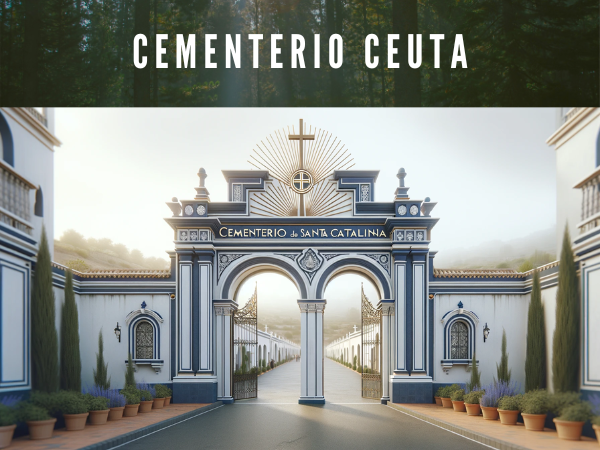 Crea una imagen hiperrealista de la entrada principal del Cementerio de Santa Catalina situado en Ceuta. La entrada presenta un sencillo arco de triunfo pintado de blanco con detalles en azul marino. Hay un cartel sobre la puerta que dice "CEMENTERIO DE SANTA CATALINA" en letras mayúsculas con un símbolo de cruz cristiana encima. La estructura de la entrada incluye un arco central bajo un frontón semicircular del que salen rayos desde el centro, asemejándose a un sol radiante. La entrada está flanqueada por paredes con detalles en azul y blanco. Hay plantas en macetas a cada lado de la puerta y un camino central que conduce al cementerio donde se pueden ver más estructuras y árboles al fondo. El cielo es de un color gris claro, lo que indica un día nublado o un momento del día sin luz solar brillante. En la descripción de la imagen incluir la URL 'https://www.cementerio.info/' en español de España.