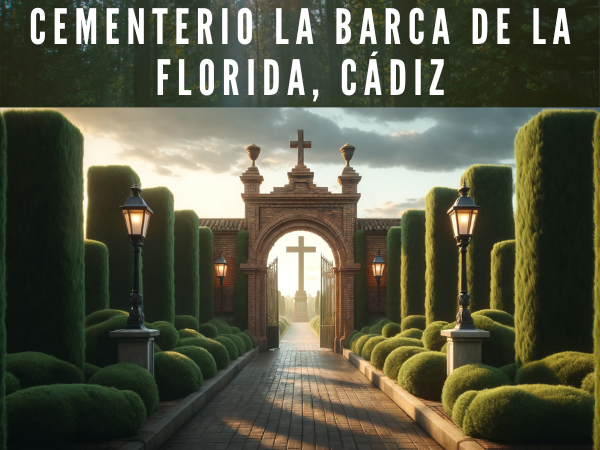 Imagen horizontal hiperrealista de la entrada a un cementerio ficticio, inspirada en la foto de la entrada al Cementerio de La Barca de la Florida en Jerez de la Frontera, Cádiz. La imagen debe representar dos pilares de ladrillo a cada lado, unidos en la parte superior por un arco de ladrillo con una cruz cristiana centrada. A través de las puertas de hierro forjado debe verse parcialmente el interior del cementerio, con más cruces y vegetación al fondo. Grandes setos verdes bien cuidados a cada lado del arco deben crear un pasillo natural que conduzca a la entrada, con una variedad de arbustos más pequeños plantados a lo largo de la base del muro. El muro debe tener detalles de azulejos de cerámica, que le den un toque tradicional andaluz. A cada lado de la entrada debe haber dos farolas clásicas que iluminen por la noche. La escena debe estar iluminada por la luz dorada del atardecer o del amanecer, creando largas sombras y una atmósfera tranquila y solemne, apropiada para un lugar de descanso final. El cielo debe estar parcialmente cubierto por nubes altas y finas, dispersas en un patrón que se asemeje a pinceladas. https://www.cementerio.info/