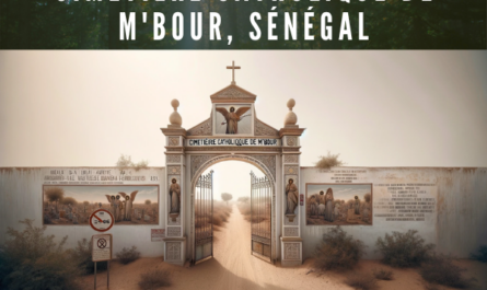 Create a hyperrealistic horizontal image of the entrance to the Cimetière catholique de M'Bour in Senegal, closely resembling the photo. The entrance is simple with a pair of metal gates that are ajar, allowing access to the cemetery. It is surrounded by a white wall, adorned with some painted images and text. To the left, there is a sign indicating no entry for motor vehicles, and to the right, there is a depiction of an angel playing a trumpet, likely related to Christian symbols of resurrection or the celestial call. The text "CIMETIÈRE CATHOLIQUE DE M'BOUR" is clearly visible on the wall, marking the place. The area around the entrance appears arid and dusty, with some vegetation on the left side. The sky is gray, suggesting a cloudy day or the presence of dust in the air. The photo captures a peaceful yet worn environment, typical of a rural or less urbanized area. In the description of the image, include the URL 'https://www.cementerio.info/'