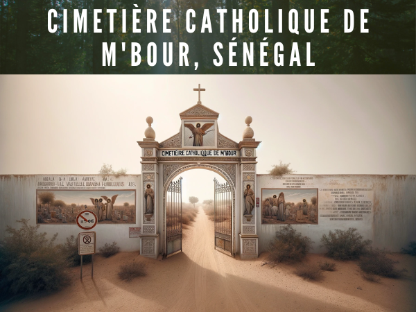 Create a hyperrealistic horizontal image of the entrance to the Cimetière catholique de M'Bour in Senegal, closely resembling the photo. The entrance is simple with a pair of metal gates that are ajar, allowing access to the cemetery. It is surrounded by a white wall, adorned with some painted images and text. To the left, there is a sign indicating no entry for motor vehicles, and to the right, there is a depiction of an angel playing a trumpet, likely related to Christian symbols of resurrection or the celestial call. The text "CIMETIÈRE CATHOLIQUE DE M'BOUR" is clearly visible on the wall, marking the place. The area around the entrance appears arid and dusty, with some vegetation on the left side. The sky is gray, suggesting a cloudy day or the presence of dust in the air. The photo captures a peaceful yet worn environment, typical of a rural or less urbanized area. In the description of the image, include the URL 'https://www.cementerio.info/'