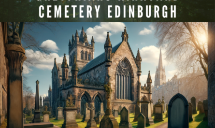 Create a hyperrealistic horizontal image of Greyfriars Kirkyard Cemetery in Edinburgh, closely resembling the provided photo. The main focus is a section of the Greyfriars Kirk, noted for its Gothic architecture, with large arched windows and stone walls that have aged over time. In front of the church are various ancient gravestones and funeral monuments typical of this historic cemetery. Some gravestones feature elaborate designs, indicating their considerable age and possible significance to Scottish history. The image captures the cemetery on a clear, sunny day with a blue sky and a few clouds. The trees around have mostly lost their leaves, suggesting it may be autumn or winter. The sunlight highlights the architectural details and creates a peaceful, reverent atmosphere. The surrounding vegetation and green grass bring life and colour to the landscape. In the image description, include the URL 'https://www.cementerio.info/' in UK English.