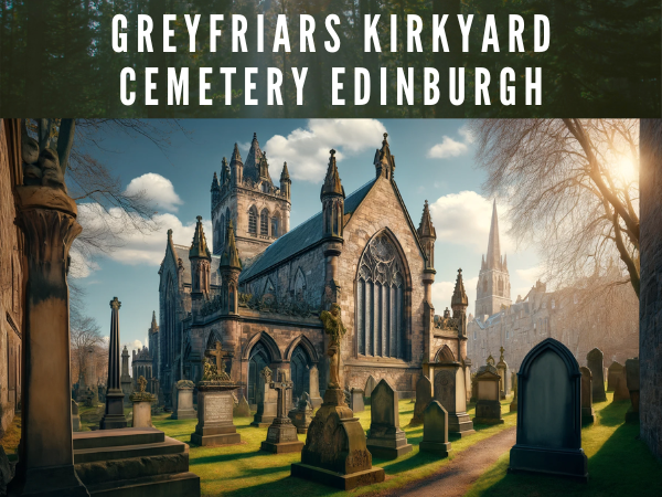Create a hyperrealistic horizontal image of Greyfriars Kirkyard Cemetery in Edinburgh, closely resembling the provided photo. The main focus is a section of the Greyfriars Kirk, noted for its Gothic architecture, with large arched windows and stone walls that have aged over time. In front of the church are various ancient gravestones and funeral monuments typical of this historic cemetery. Some gravestones feature elaborate designs, indicating their considerable age and possible significance to Scottish history. The image captures the cemetery on a clear, sunny day with a blue sky and a few clouds. The trees around have mostly lost their leaves, suggesting it may be autumn or winter. The sunlight highlights the architectural details and creates a peaceful, reverent atmosphere. The surrounding vegetation and green grass bring life and colour to the landscape. In the image description, include the URL 'https://www.cementerio.info/' in UK English.