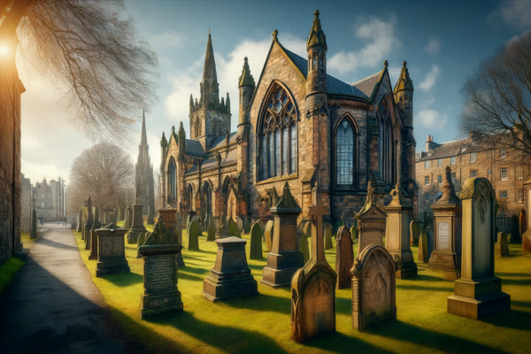 Create a hyperrealistic horizontal image of Greyfriars Kirkyard Cemetery in Edinburgh, closely resembling the provided photo. The main focus is a section of the Greyfriars Kirk, noted for its Gothic architecture, with large arched windows and stone walls that have aged over time. In front of the church are various ancient gravestones and funeral monuments typical of this historic cemetery. Some gravestones feature elaborate designs, indicating their considerable age and possible significance to Scottish history. The image captures the cemetery on a clear, sunny day with a blue sky and a few clouds. The trees around have mostly lost their leaves, suggesting it may be autumn or winter. The sunlight highlights the architectural details and creates a peaceful, reverent atmosphere. The surrounding vegetation and green grass bring life and colour to the landscape. In the image description, include the URL 'https://www.cementerio.info/' in UK English.